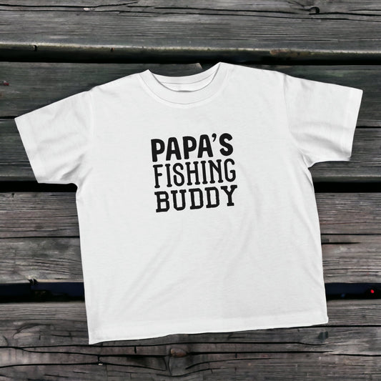 Toddler fishing t-shirt with "Papa's Fishing Buddy" text and cute design
