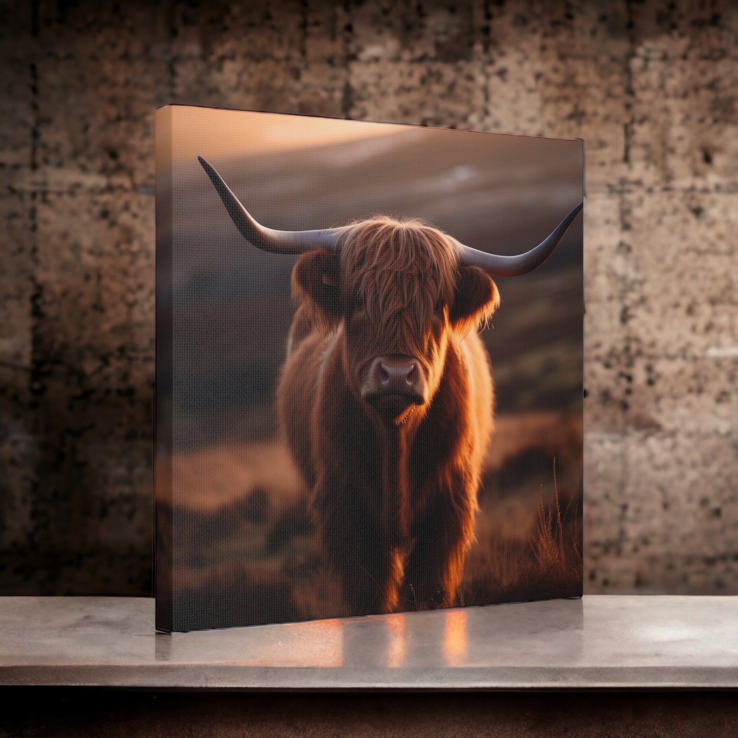 Highland cow art with scenic landscape
