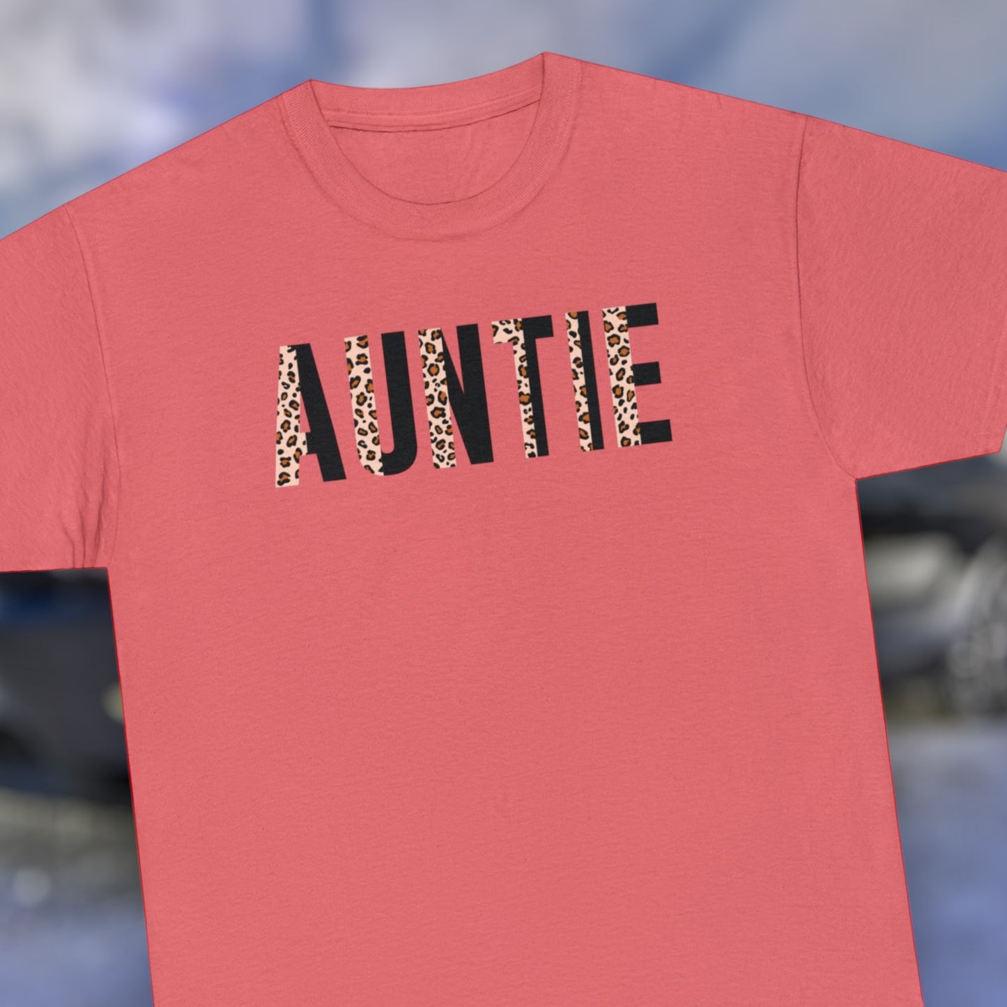 Auntie t-shirt with bold cheetah print design
