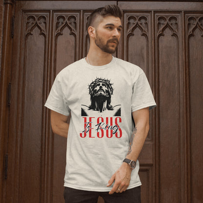 Jesus is king t-shirt with distressed graphic of Jesus and crown of thorns
