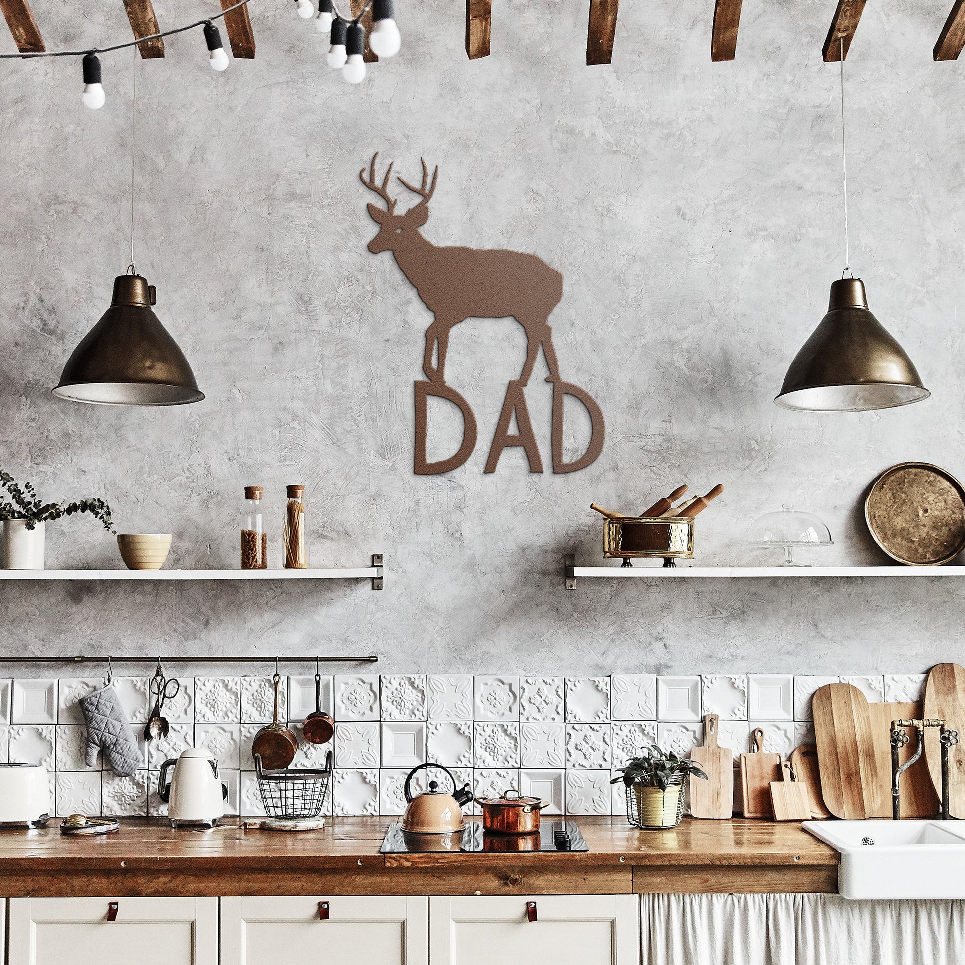 Metal deer sign featuring a buck standing on “DAD” letters
