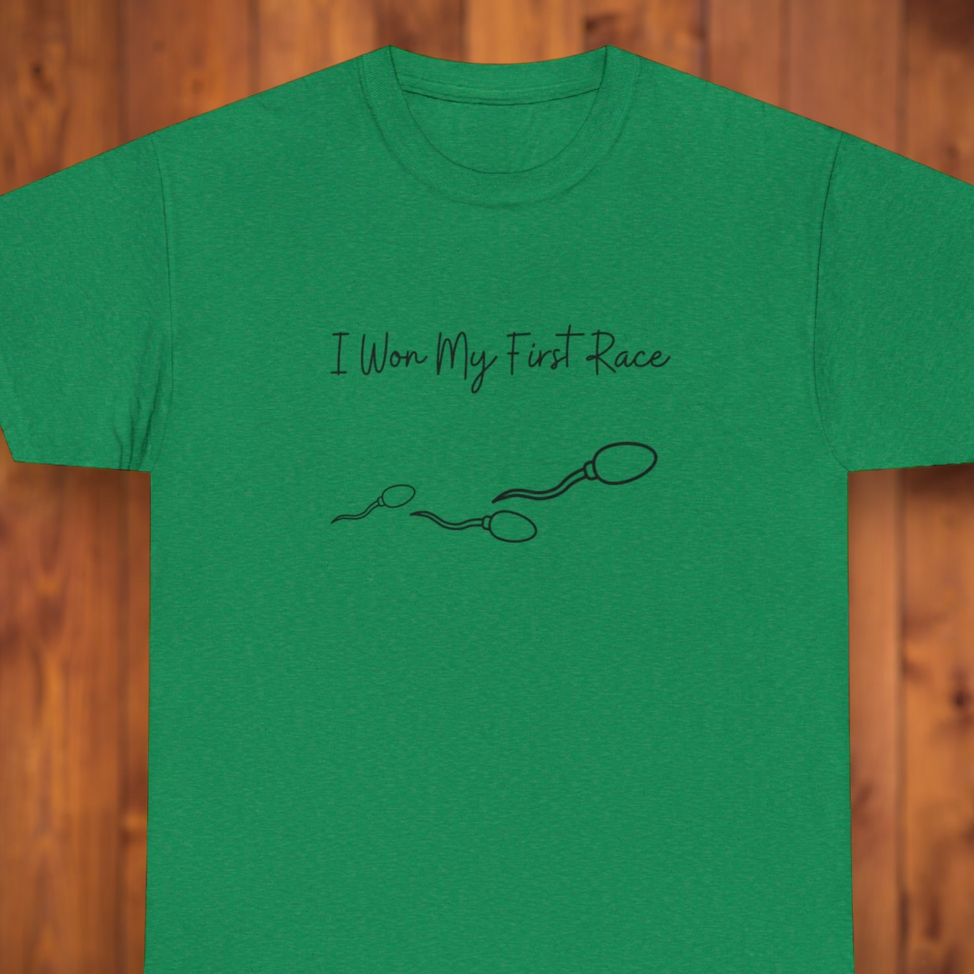 Playful adult humor t-shirt featuring a sperm race graphic.