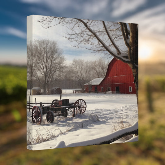 Old red barn with snow and hay bales wall art
