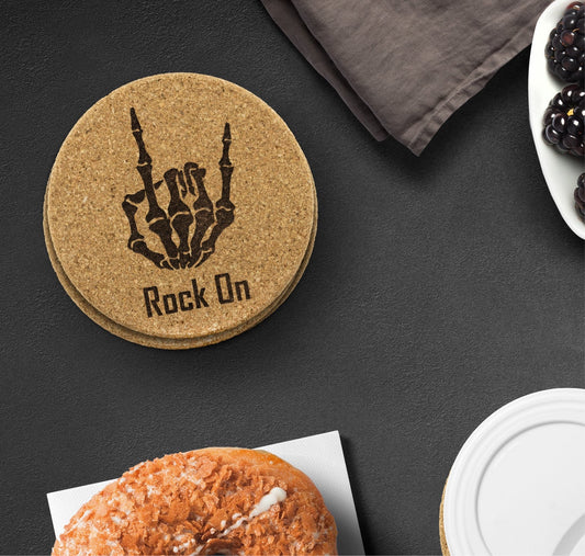 Rock On skeleton hand cork coaster set
