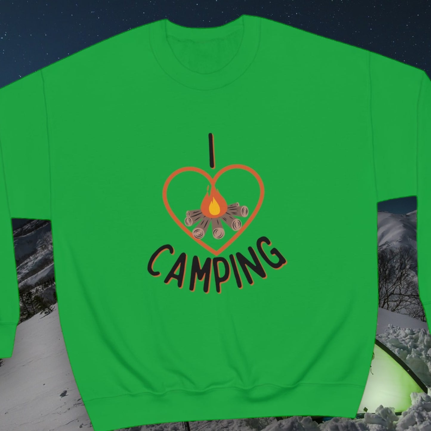 I Love Camping sweatshirt with campfire heart graphic
