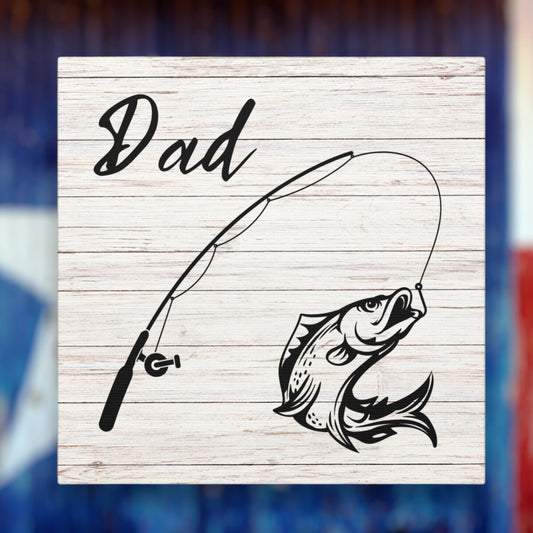 Dad fishing gift wall art with rustic white wood background and fishing pole
