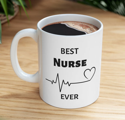 White ceramic "Best Nurse Ever" coffee mug with stethoscope graphic
