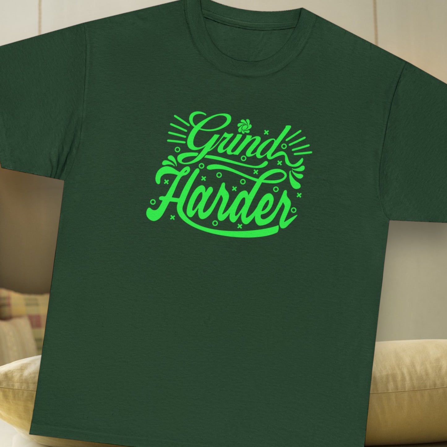 "Grind Harder T-Shirt with Green Wording Design"
