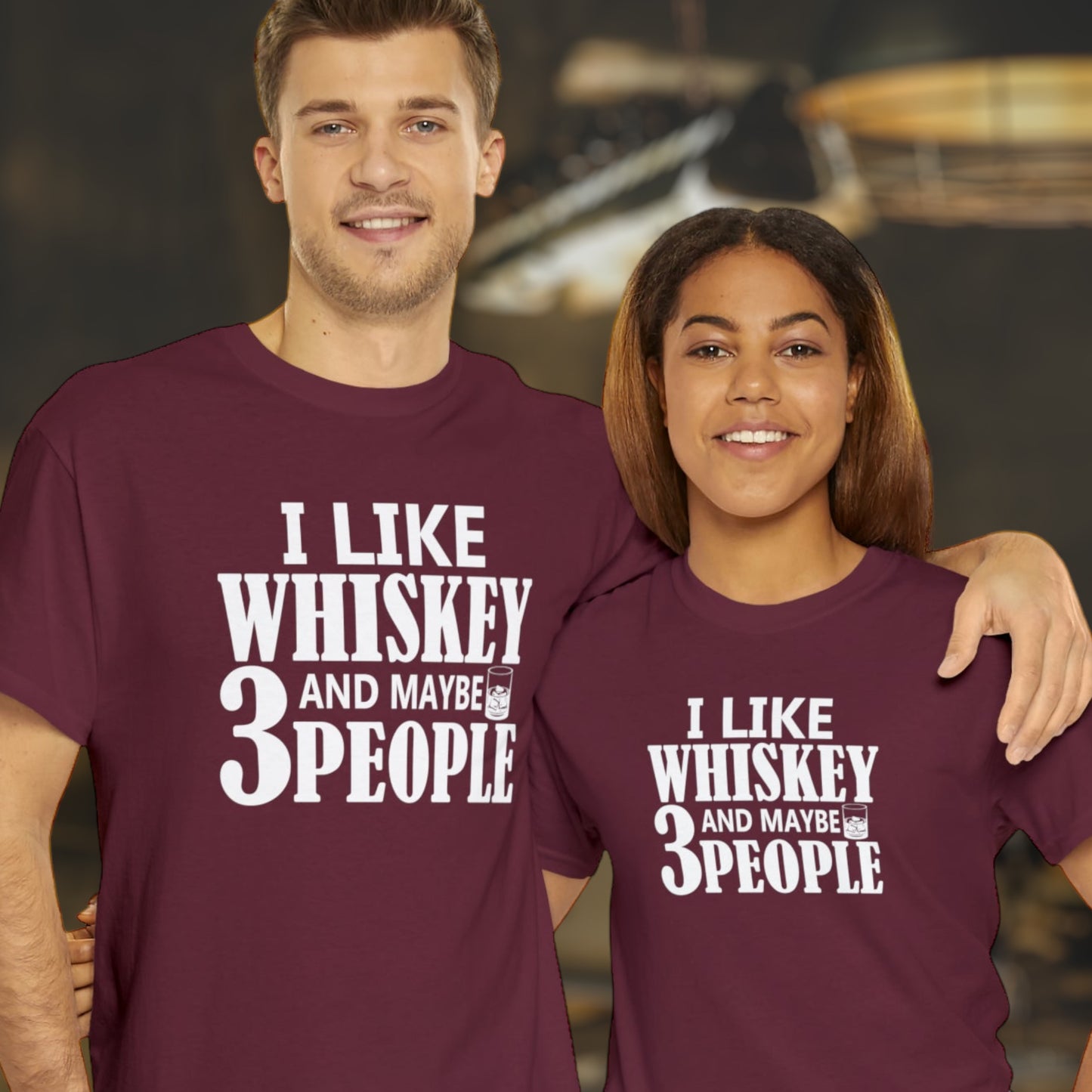 "I Like Whiskey and Maybe Like 3 People" cotton tee for casual wear.