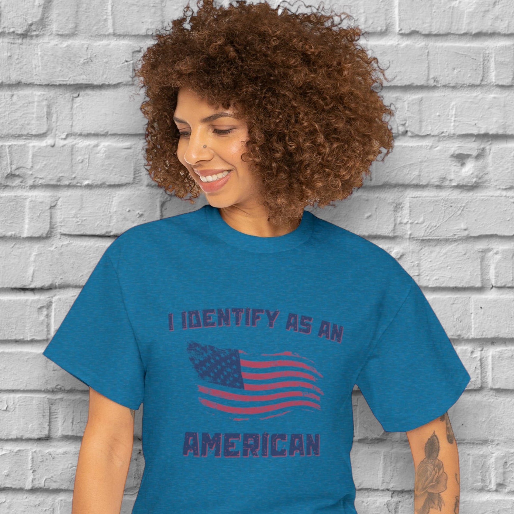 American Flag T-Shirt with "I Identify as a Proud American" text
