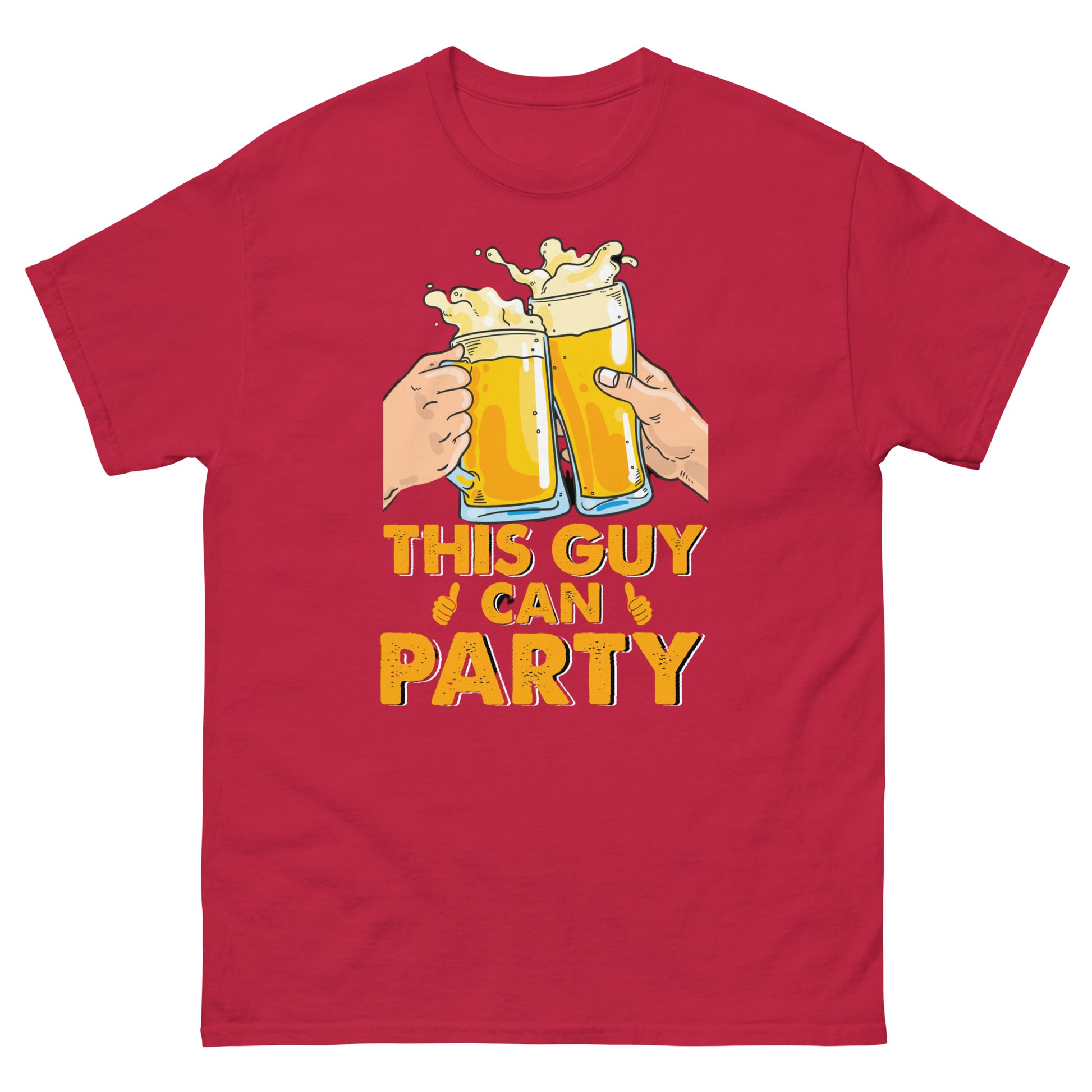 Beer-themed shirt with mugs clinking and party text
