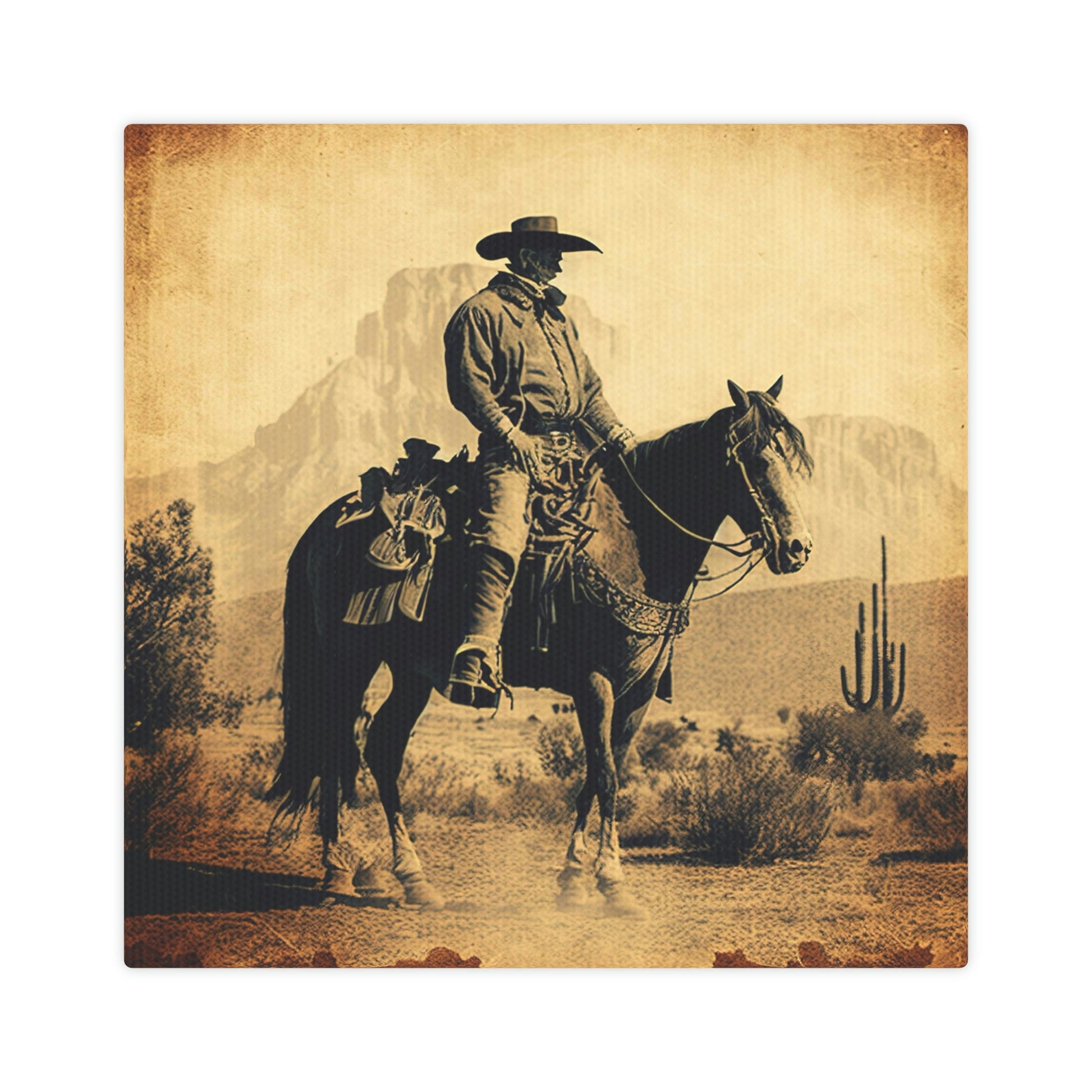 Antique-style cowboy riding horse canvas print
