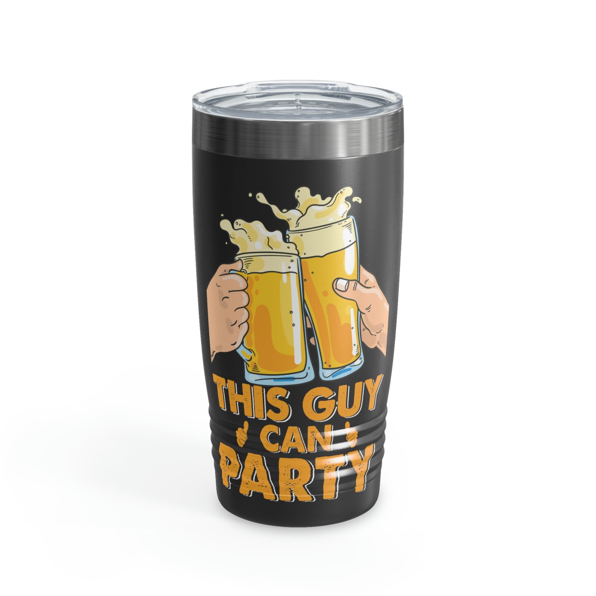 Beer glass tumbler with "This Guy Can Party" design
