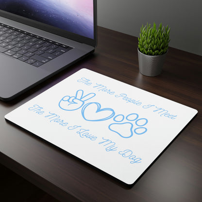 Blue mouse pad with peace, love, and dog design
