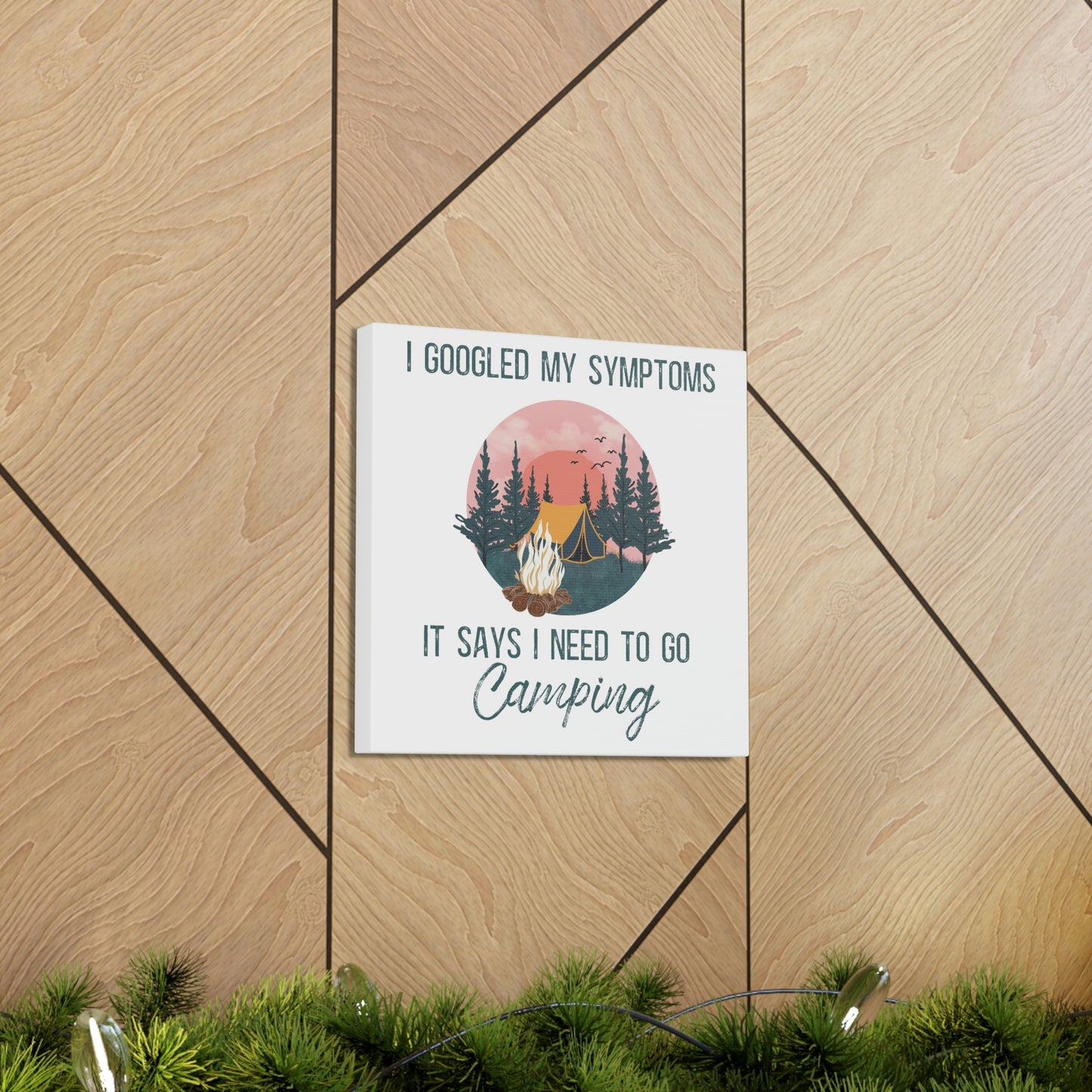 Forest camping canvas art with tent, campfire, and trees
