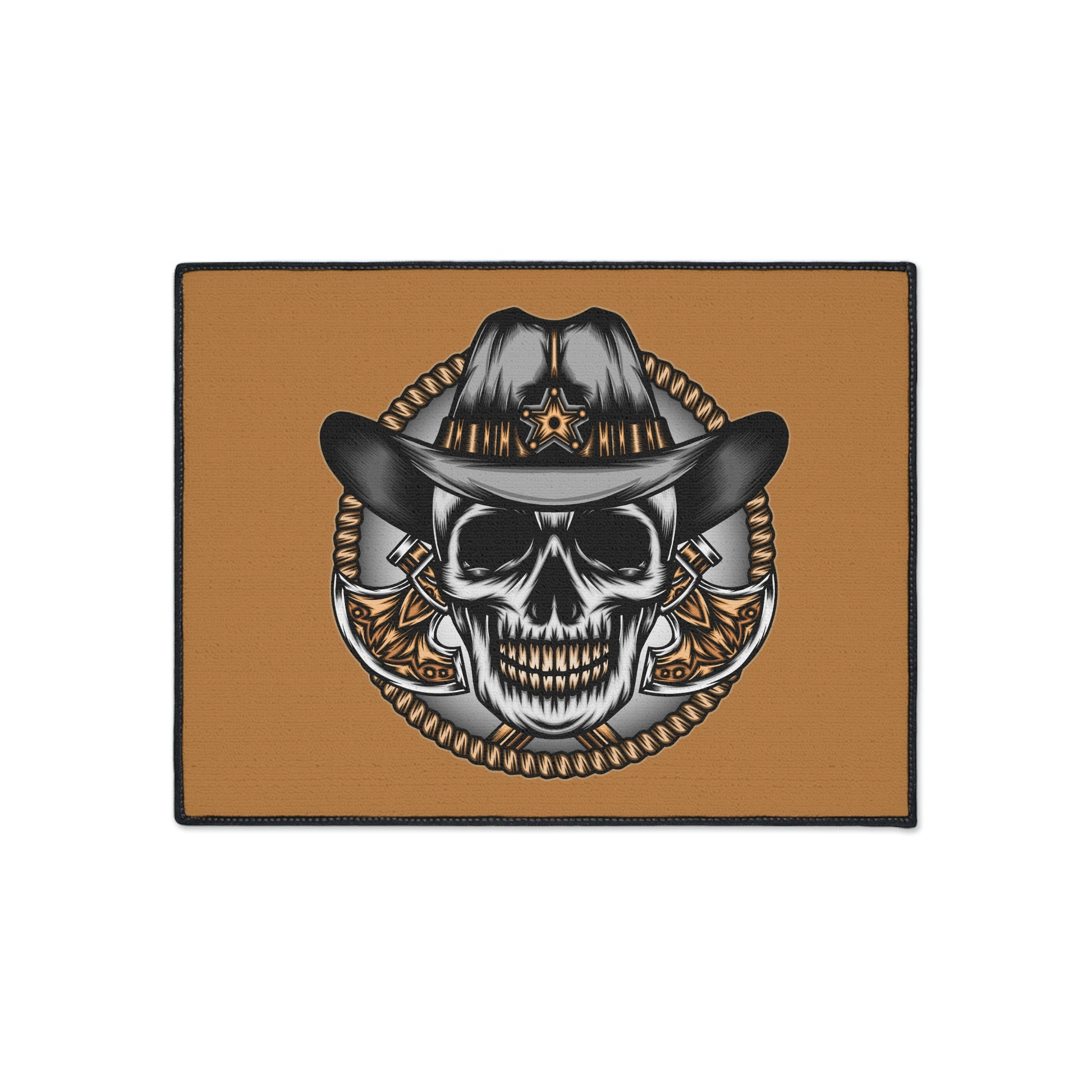 Welcome guests with the unique western charm of the "Skull Cowboy" doormat.