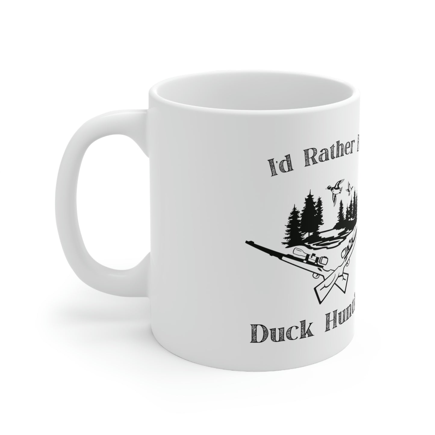 White coffee cup with duck hunting design and rifles
