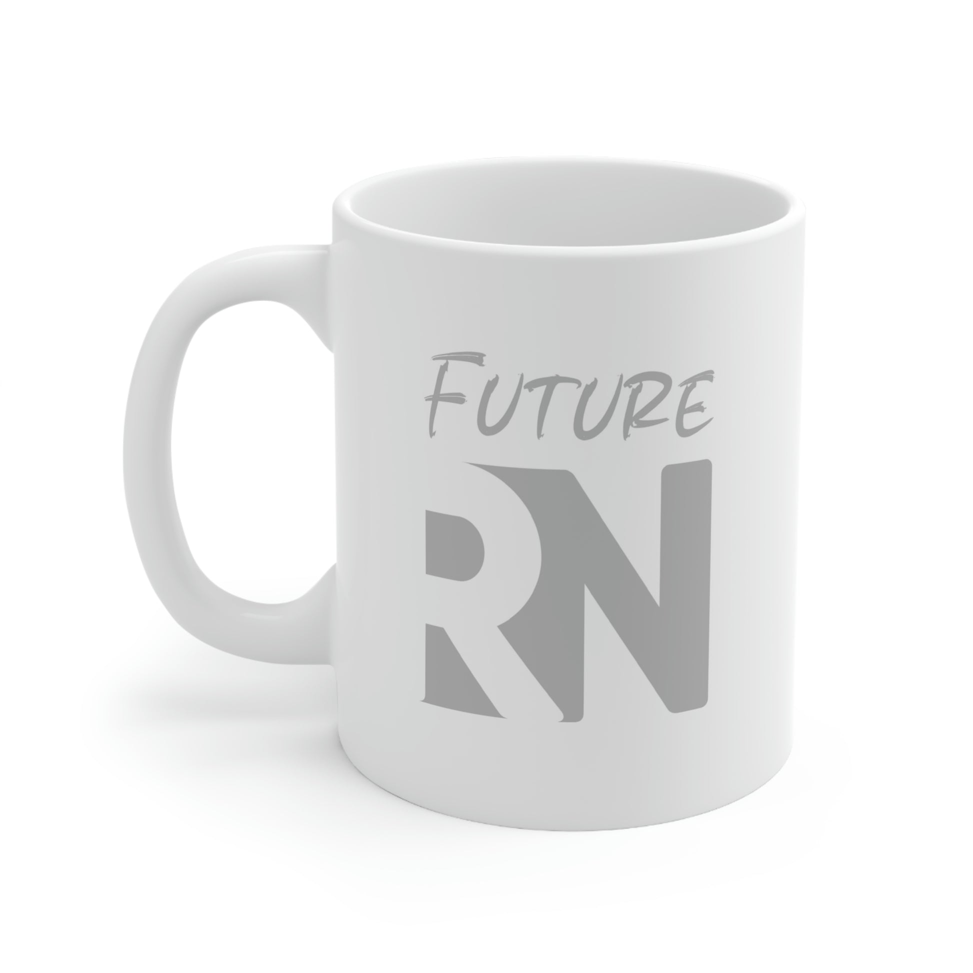 White ceramic mug with grey Future RN design
