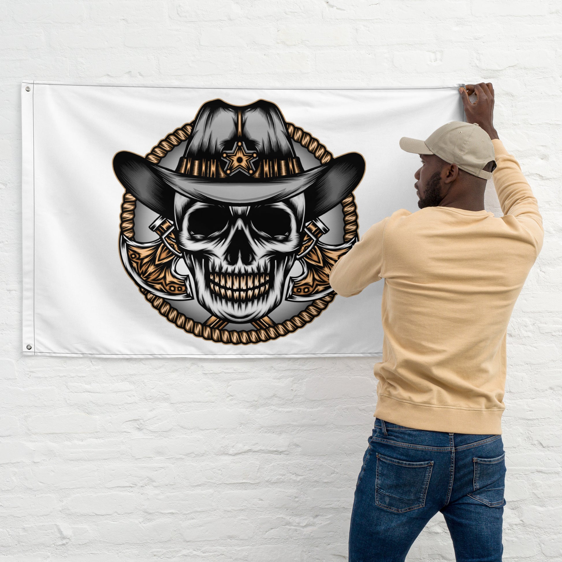 Western cowboy skull flag for garage decor
