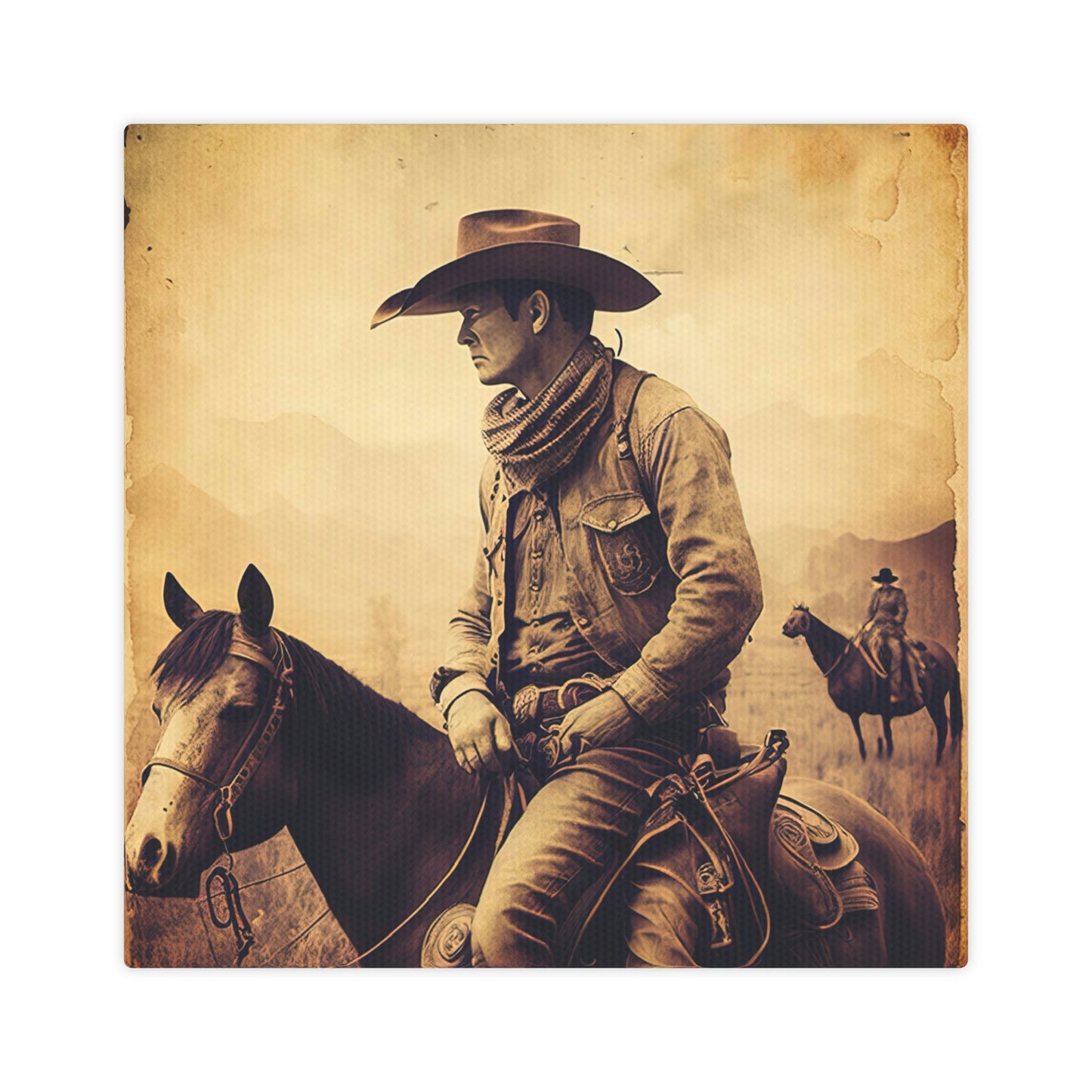 Vintage cowboy riding horse canvas print
