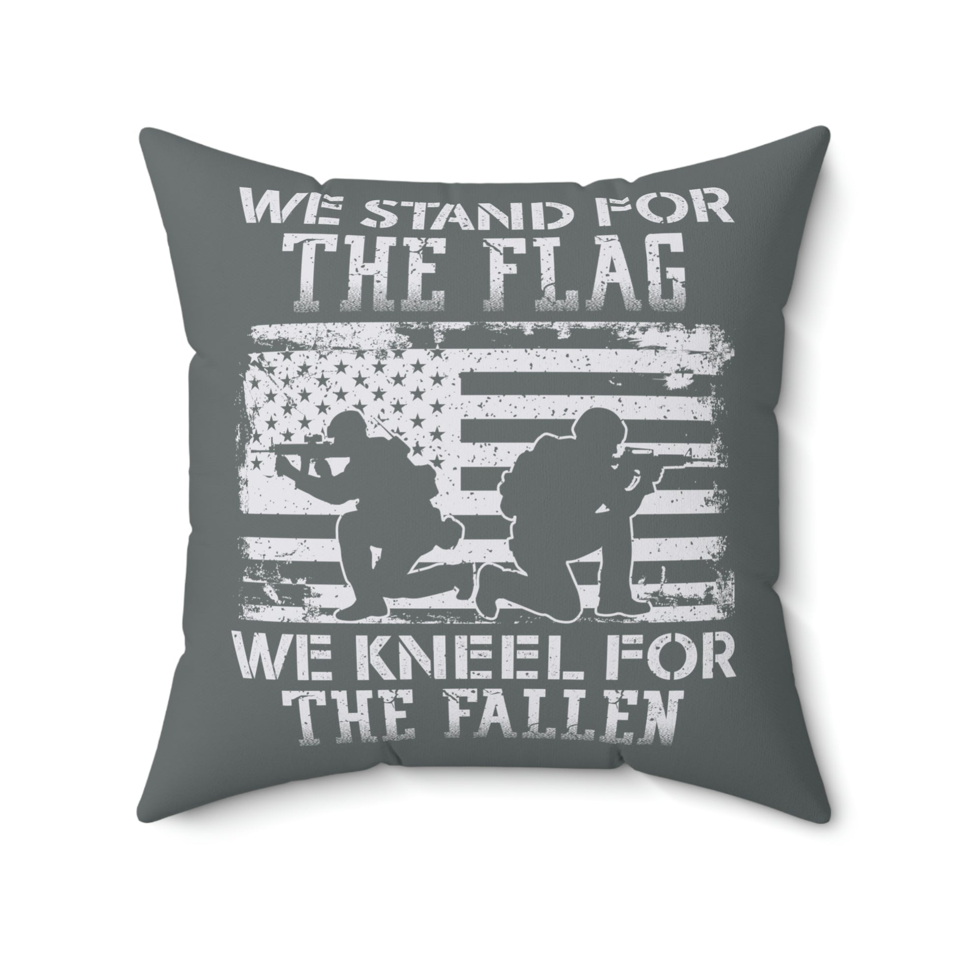 Grey accent pillow with patriotic soldier design
