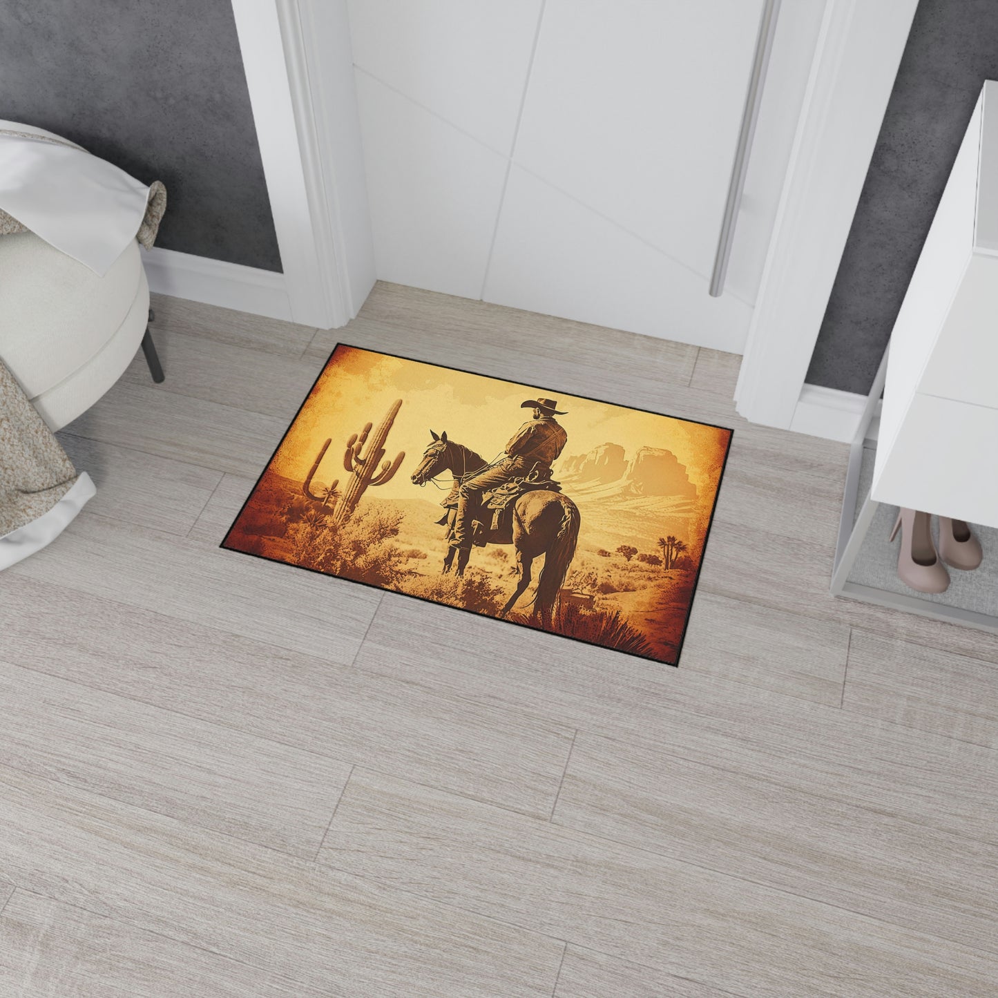 Durable cowboy welcome mat with horse design
