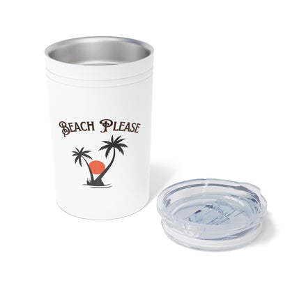 Tropical-themed insulated tumbler with palm trees and lid
