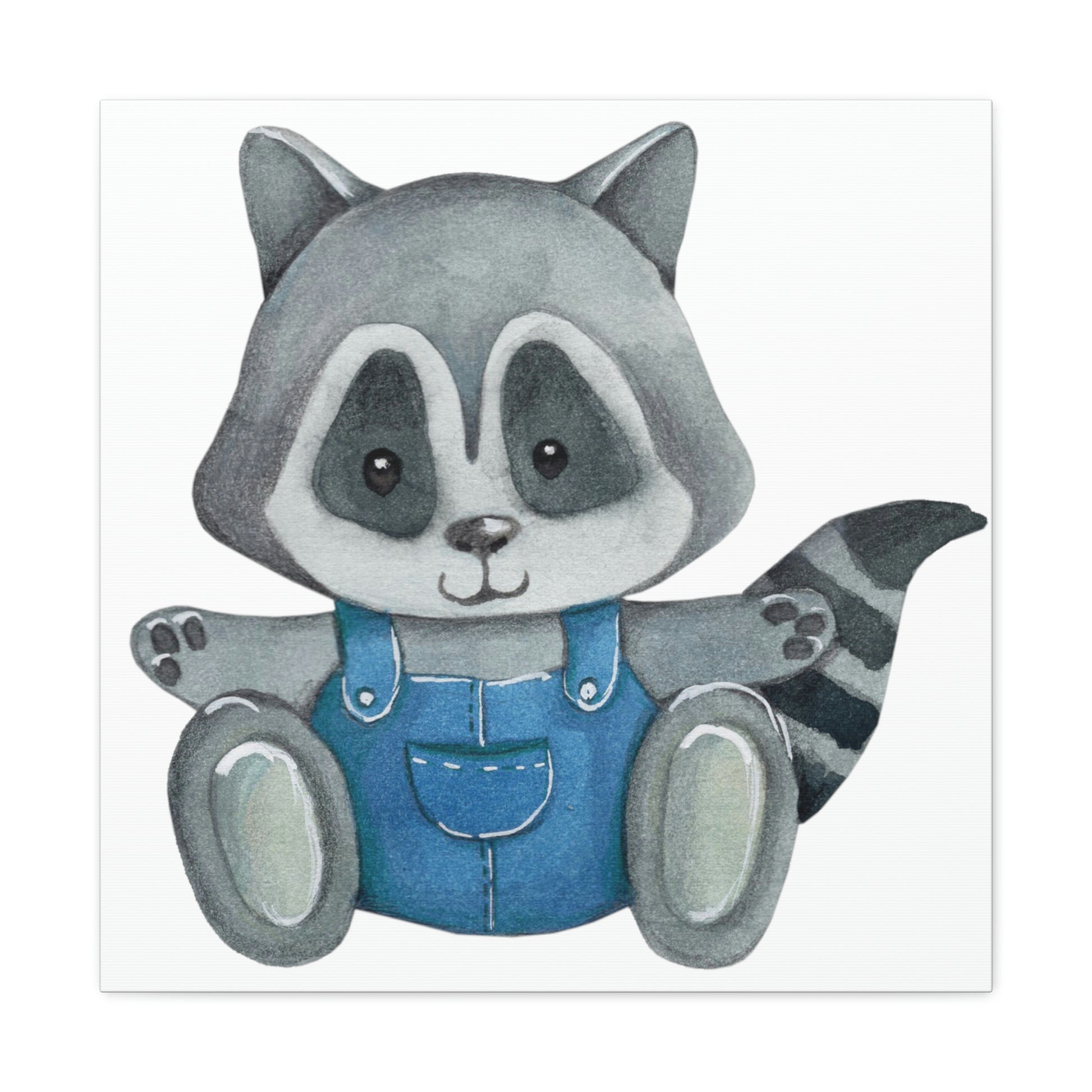 Children's wall art featuring baby raccoon in blue
