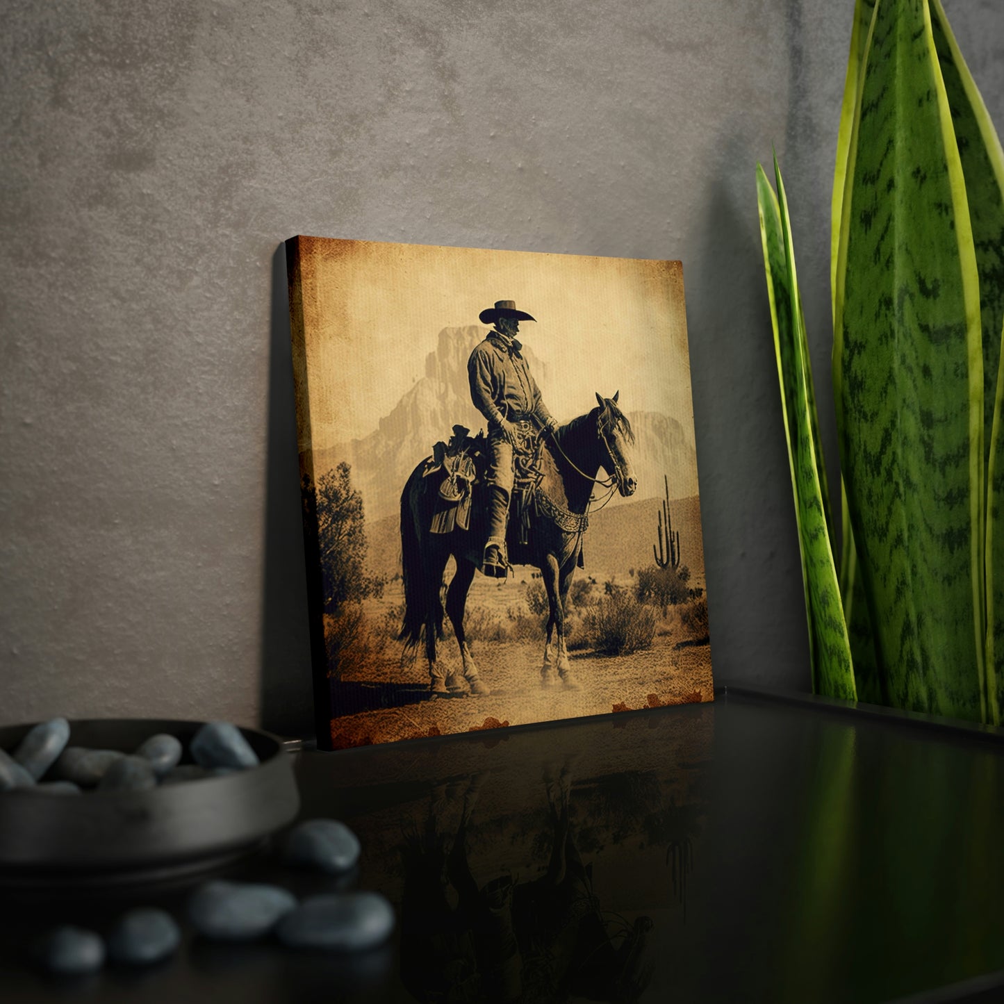 Sepia-tone cowboy wall art for western homes
