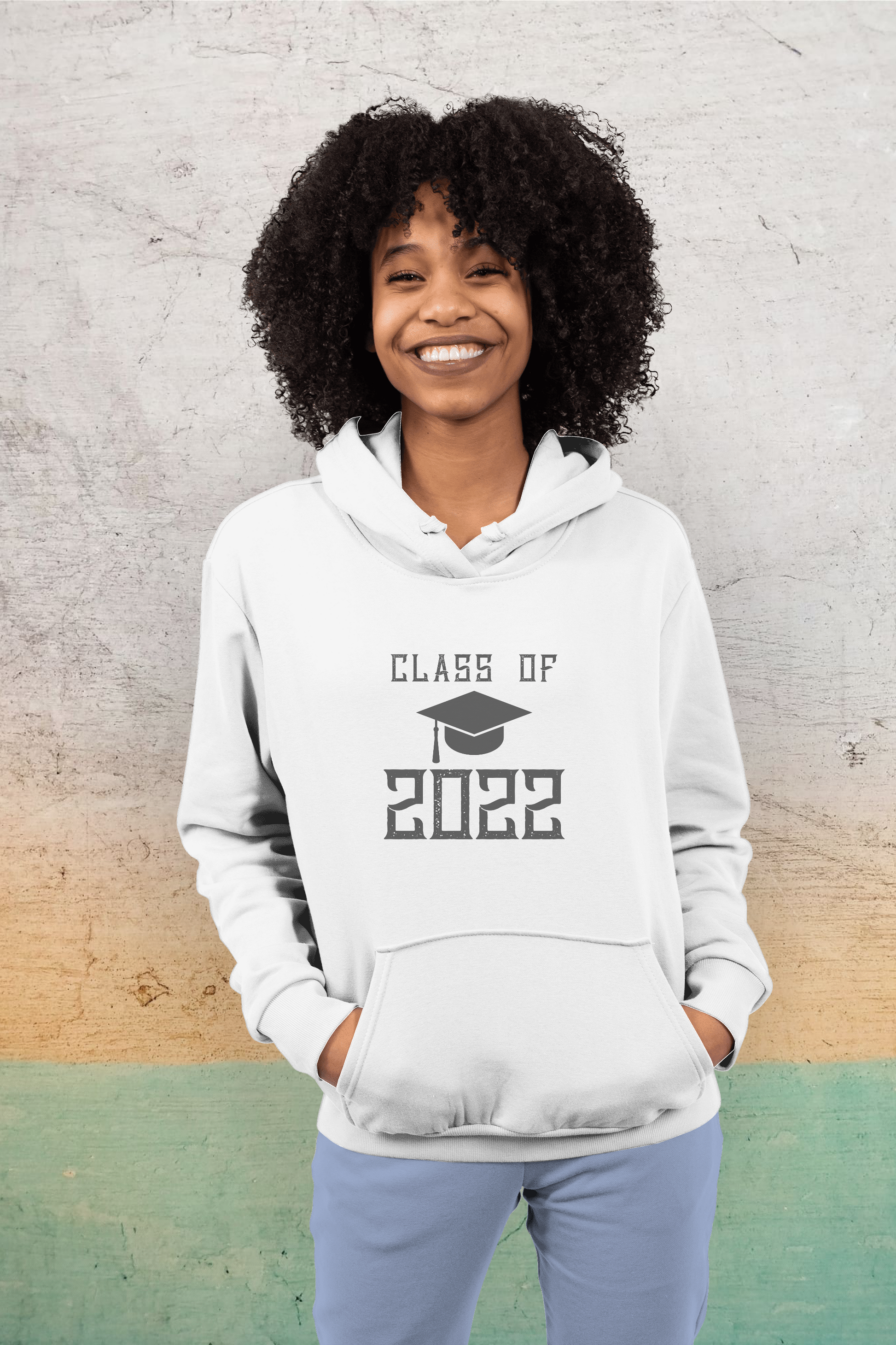 Class of 2022 graduation hoodie with bold text
