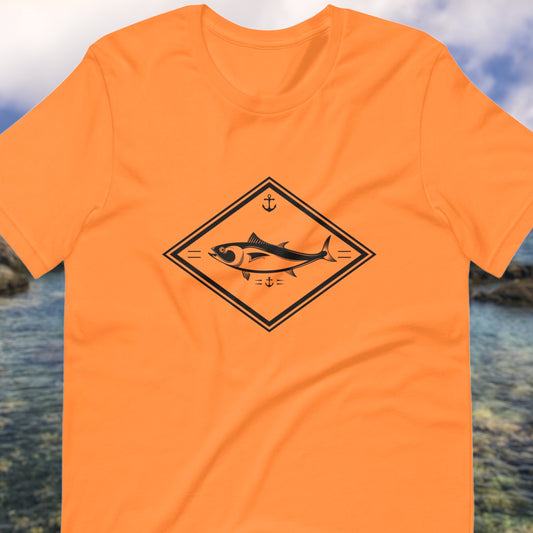 Minimalist fish t-shirt with diamond-shaped graphic
