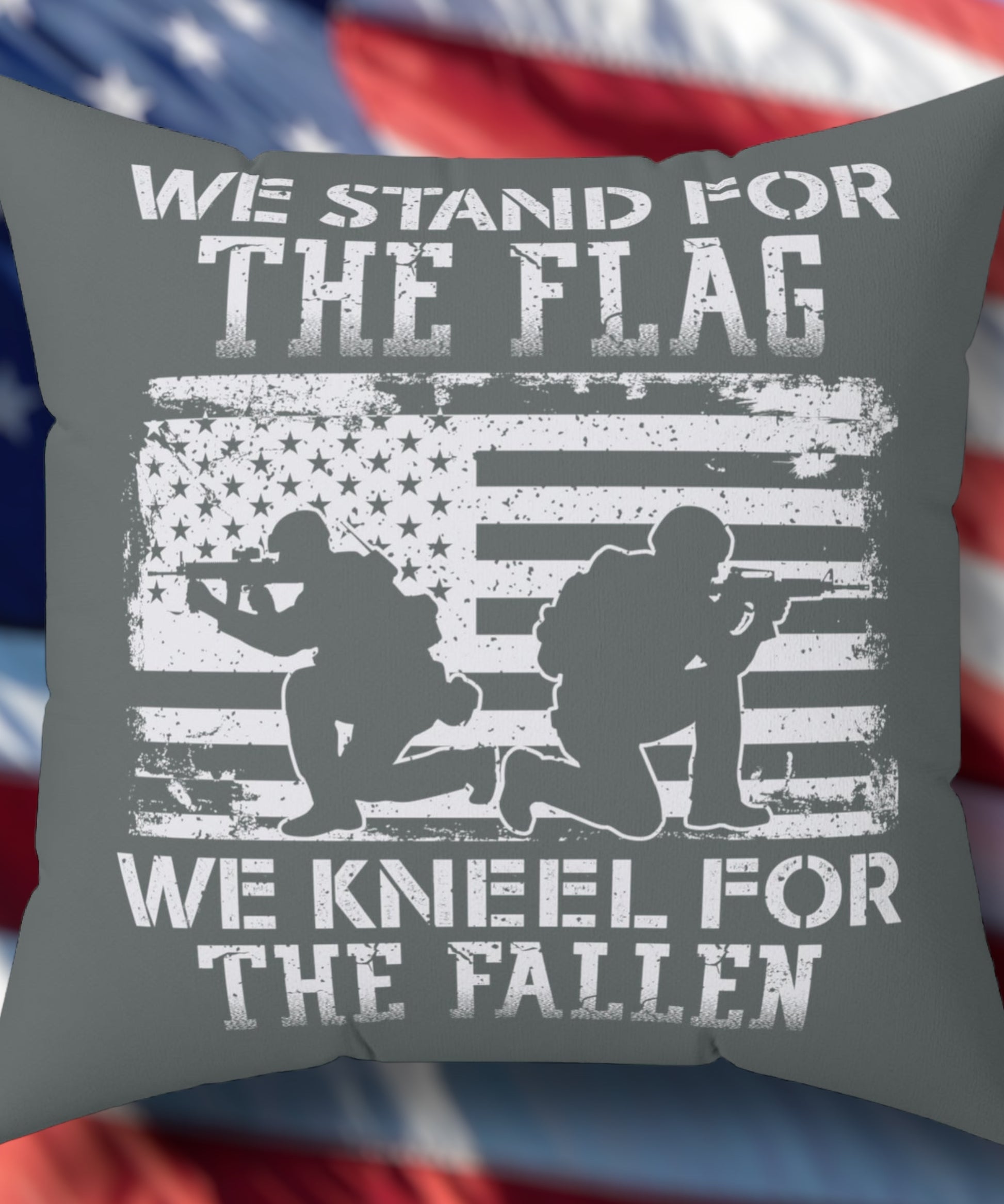 Patriotic throw pillow with two soldiers and American flag
