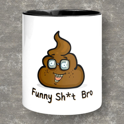 Funny Sh*t Bro coffee mug with poop emoji graphic
