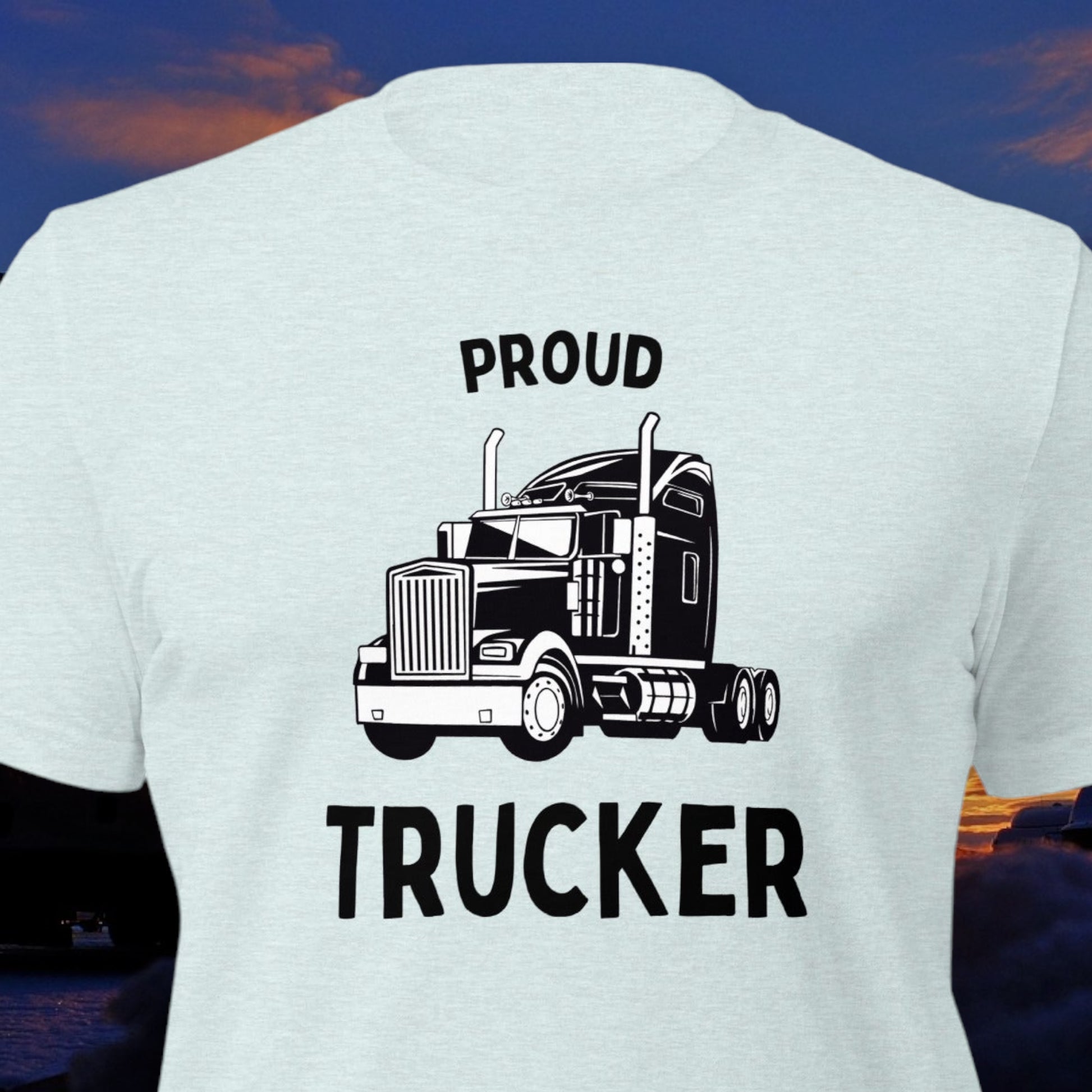 Trucker shirt with black-and-white semi-truck graphic and proud trucker text
