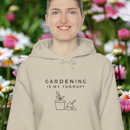 Gardening Is My Therapy hoodie with plant pot graphic
