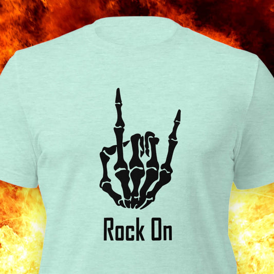 Rock On skeleton hand t-shirt for rock music fans
