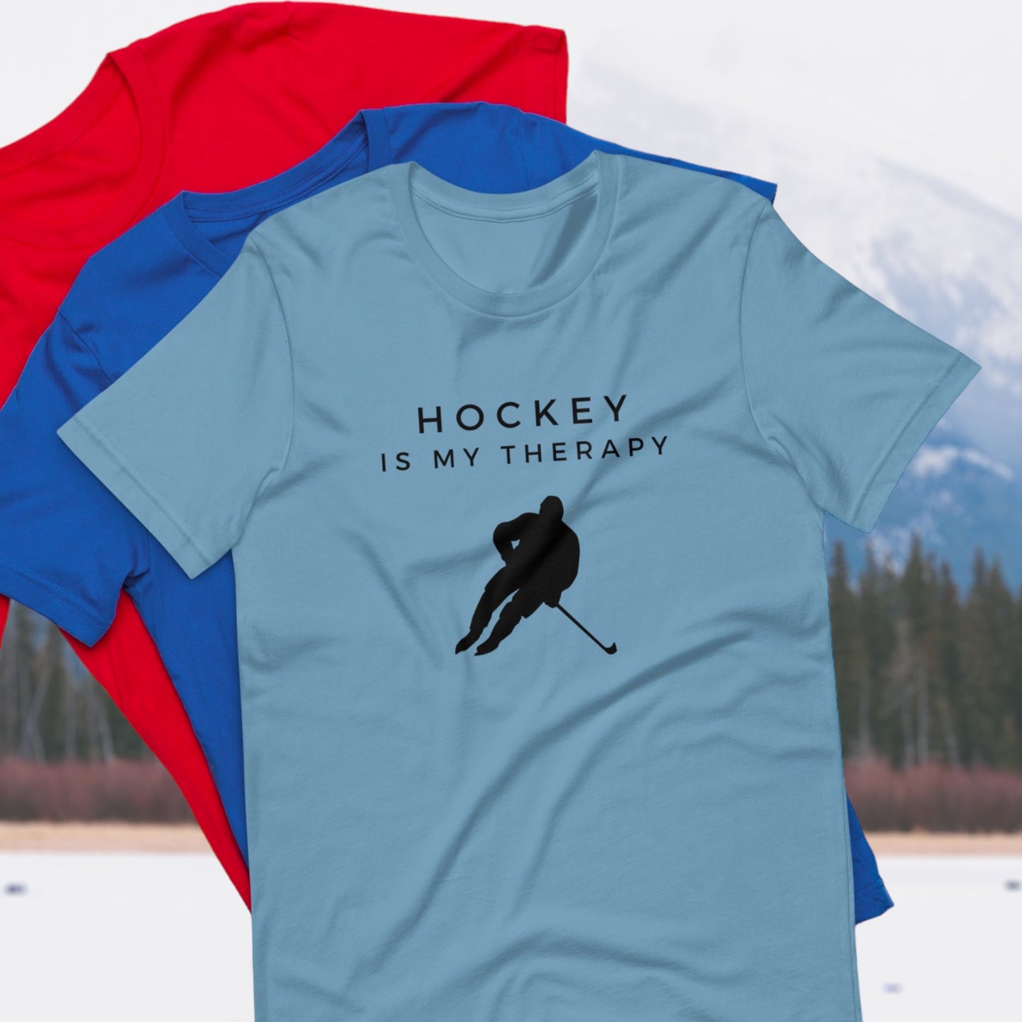 Hockey fan shirt with "Hockey is My Therapy" text and player graphic
