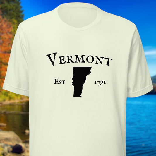 Vermont t-shirt with state outline and EST. 1791
