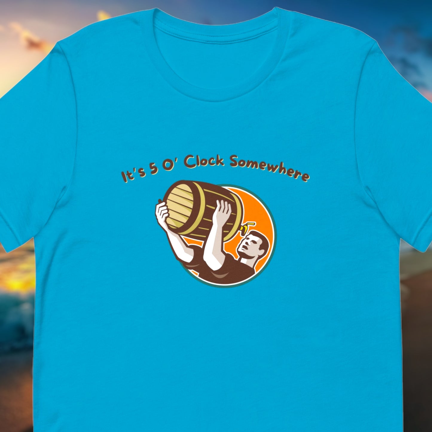 Dad beer shirt with "It’s 5 O’Clock Somewhere" and keg-drinking graphic
