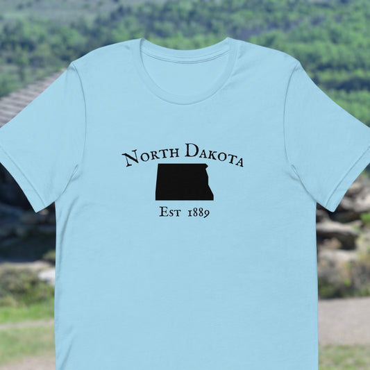 North Dakota t-shirt with state outline and EST. 1889
