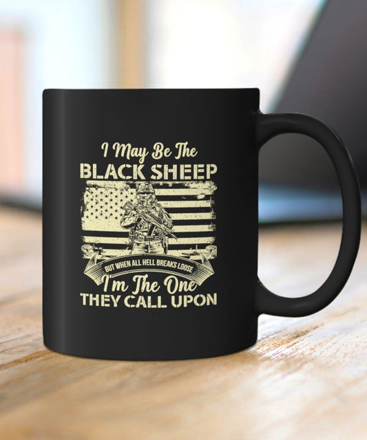 Veteran black sheep soldier mug with gold design
