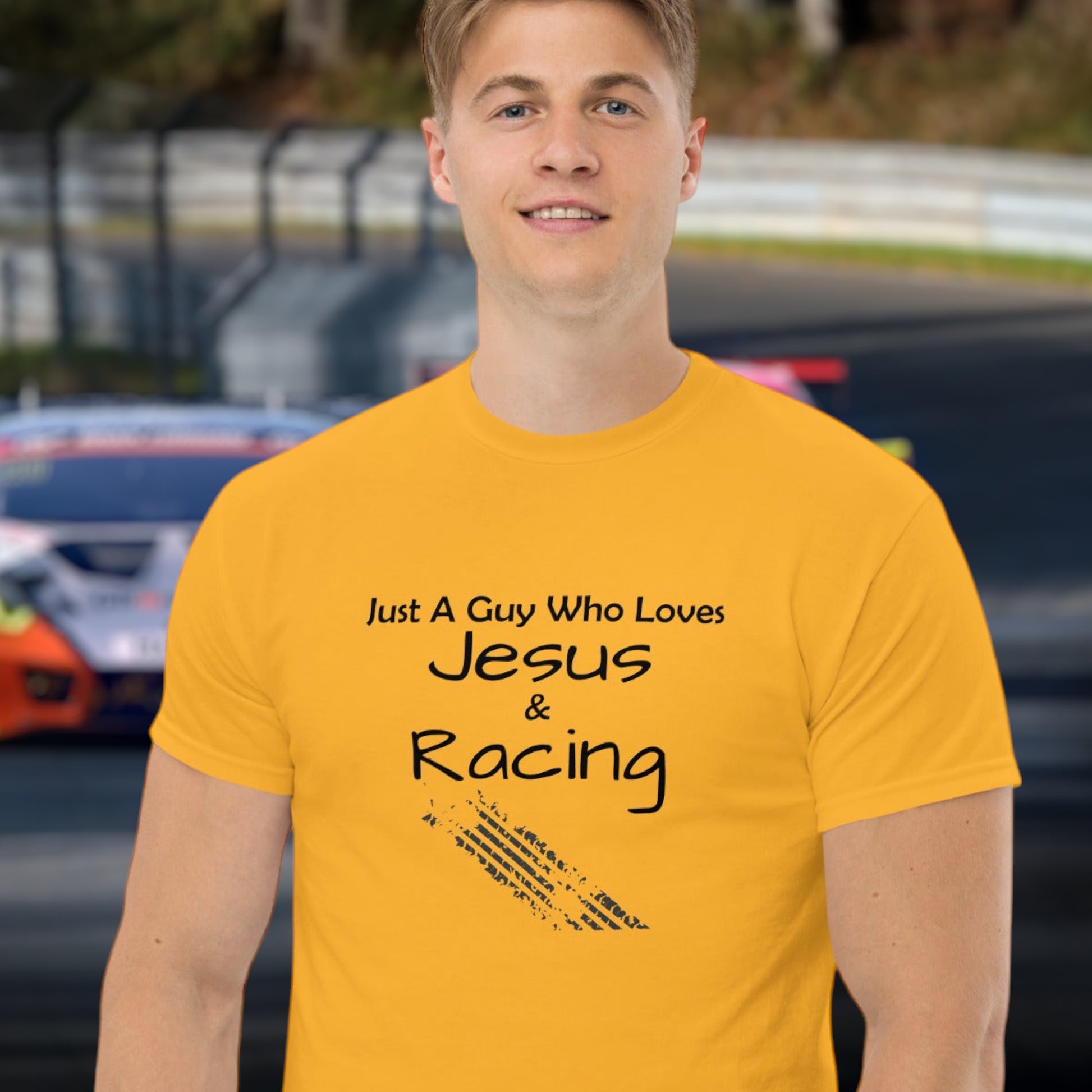 Christian racing t-shirt with Jesus & racing text
