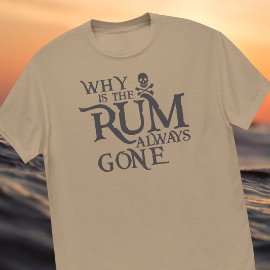 Pirate shirt with "Why is the Rum Always Gone?" text
