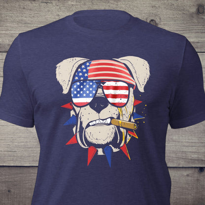 American bulldog t-shirt with flag glasses and bandana
