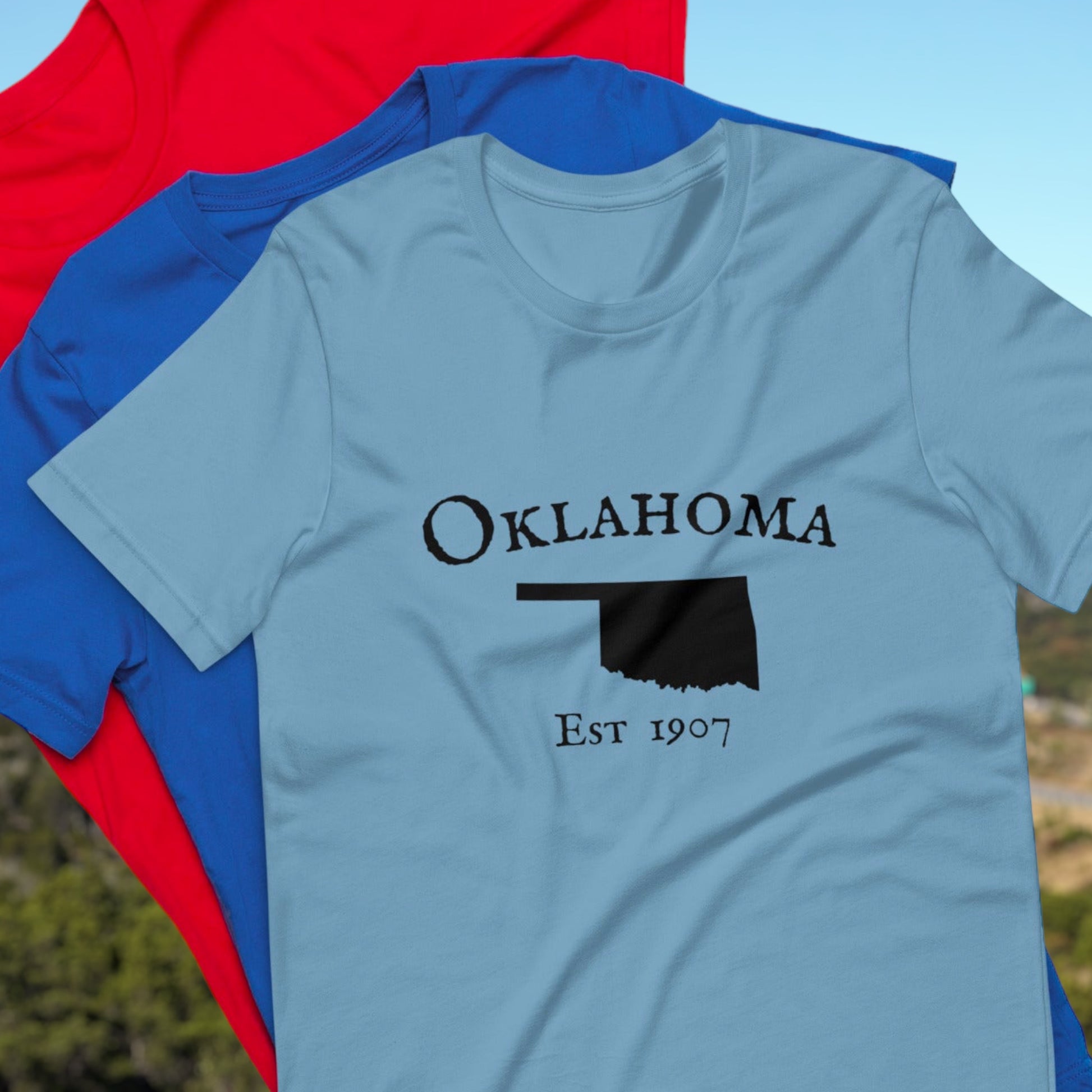 Oklahoma t-shirt with state outline and EST. 1907
