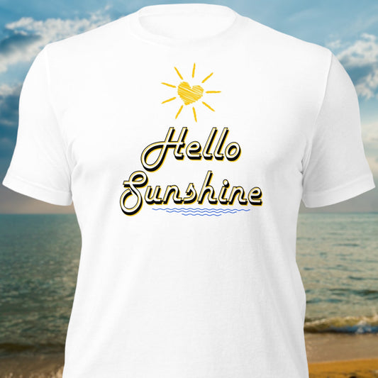 Bright yellow "Hello Sunshine" graphic t-shirt
