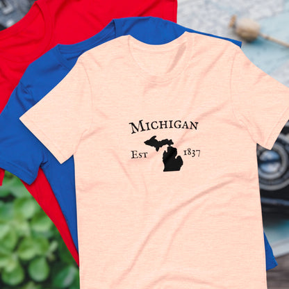 Michigan graphic tee with state outline and est. date
