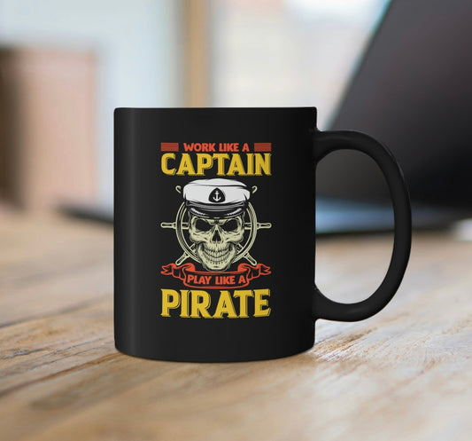 Pirate skull coffee mug with captain’s hat
