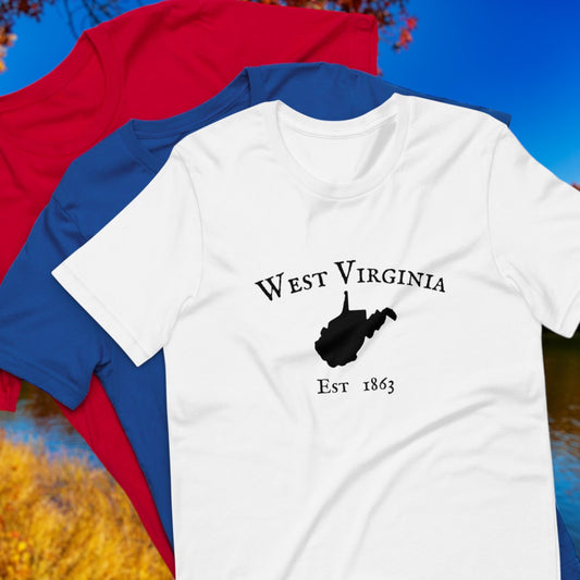 West Virginia t-shirt with state outline and EST. 1863
