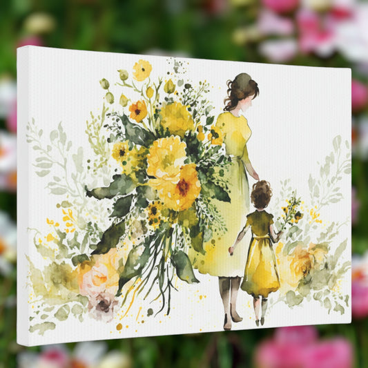 Watercolor mom and child wall art with yellow flower bouquet
